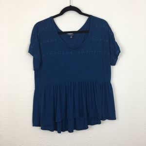 American Eagle Peplum Embroidered Blouse Blue Soft